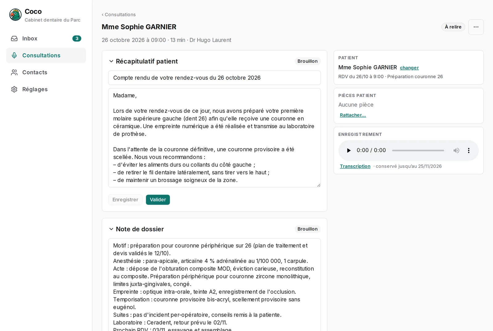 Consultation : récapitulatif patient et note de dossier rédigés, à relire et valider