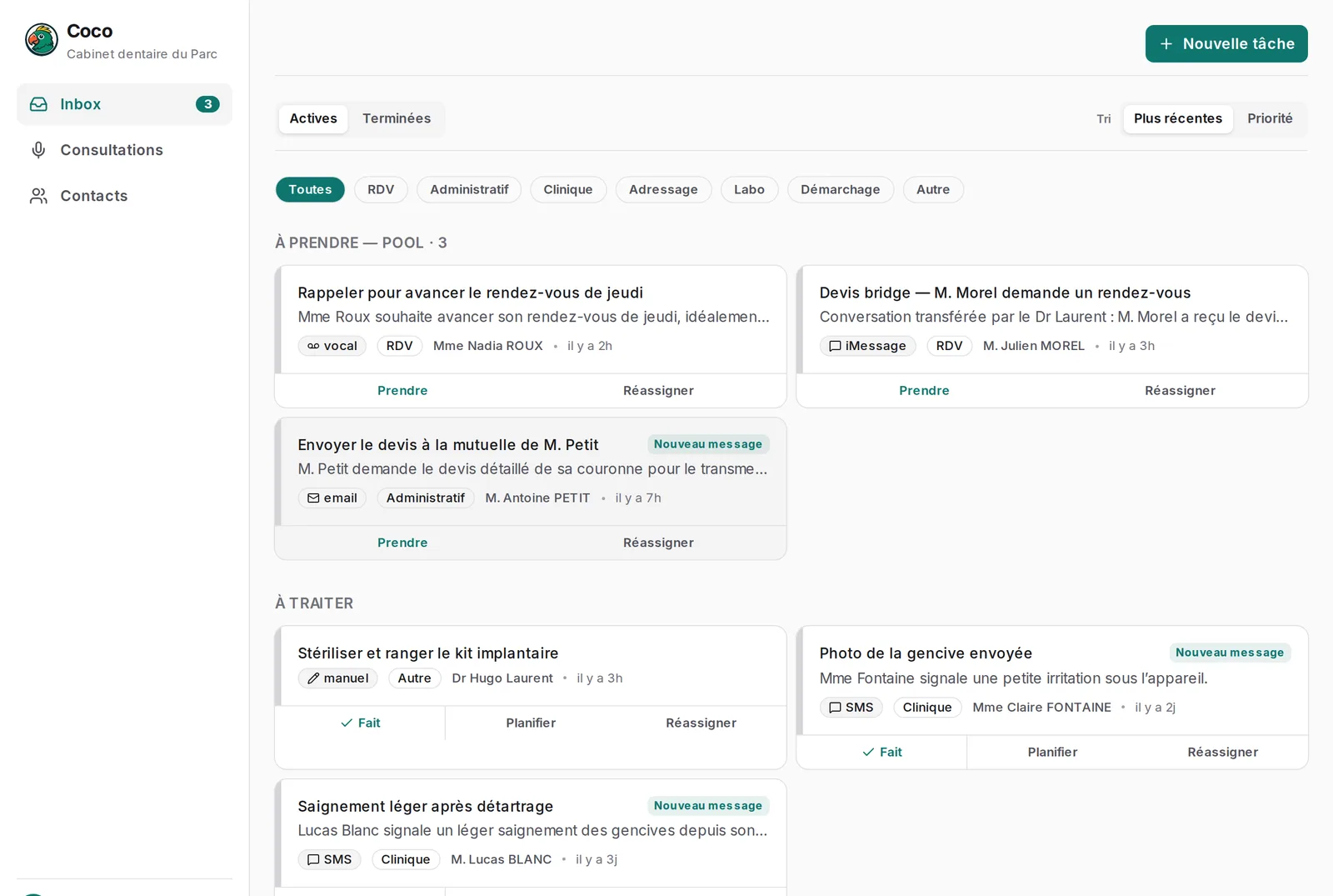 La file de tâches d'un membre de l'équipe : demandes venues du répondeur, d'un mail et d'un SMS, à prendre ou à traiter