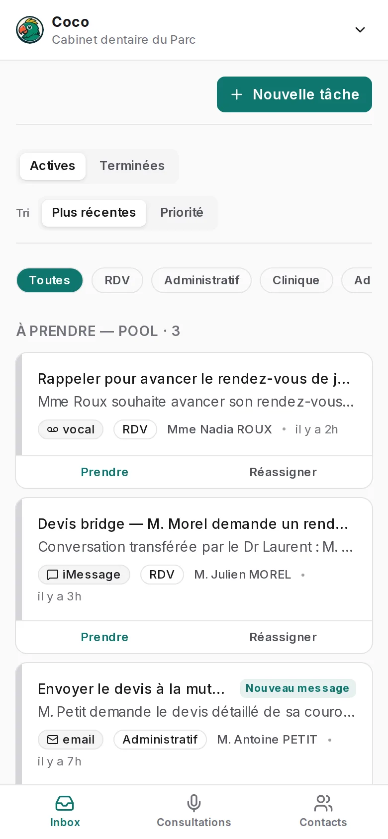 La file de tâches d'un membre de l'équipe sur téléphone