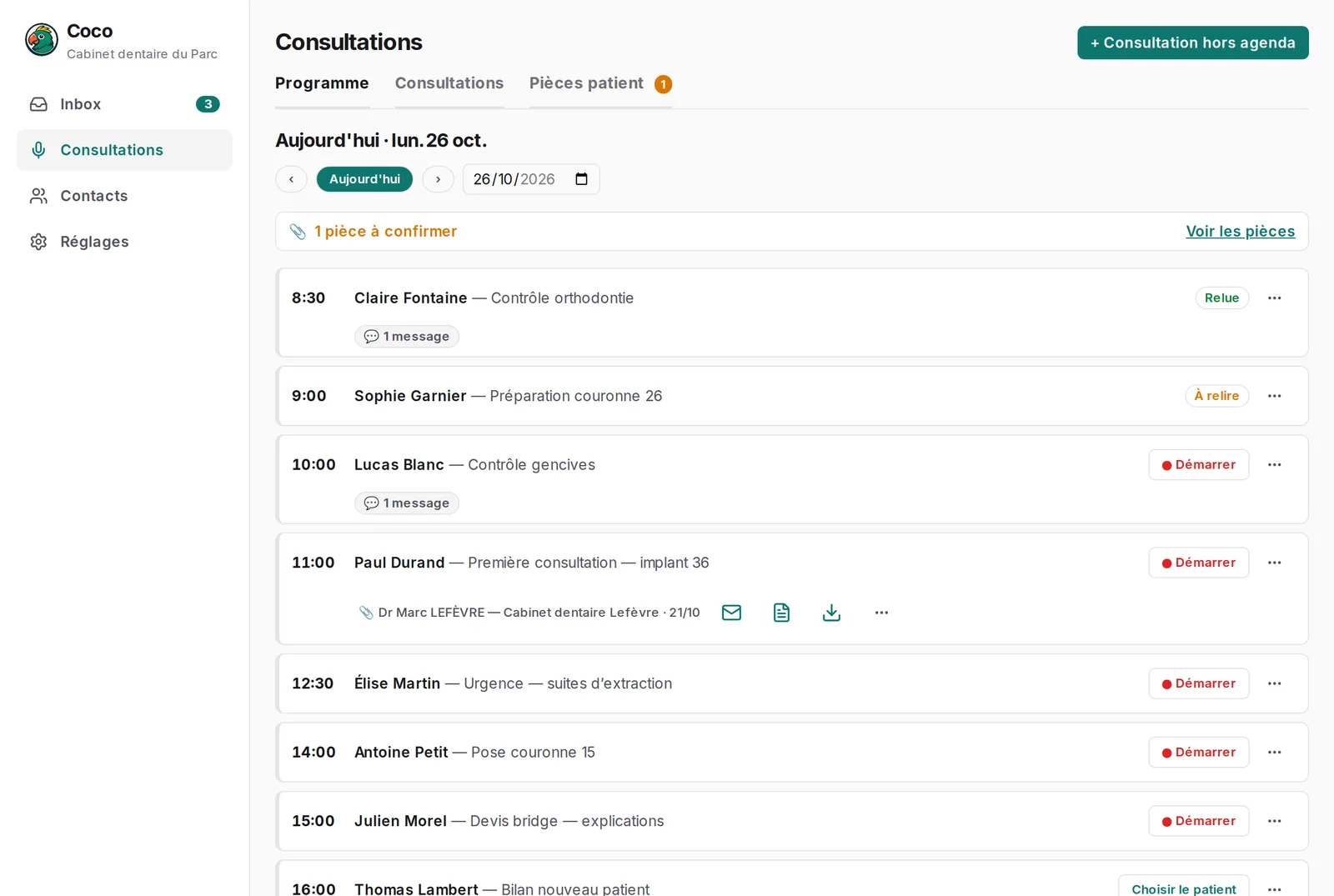Le programme du jour du praticien : rendez-vous, état de chaque consultation, pièces du patient